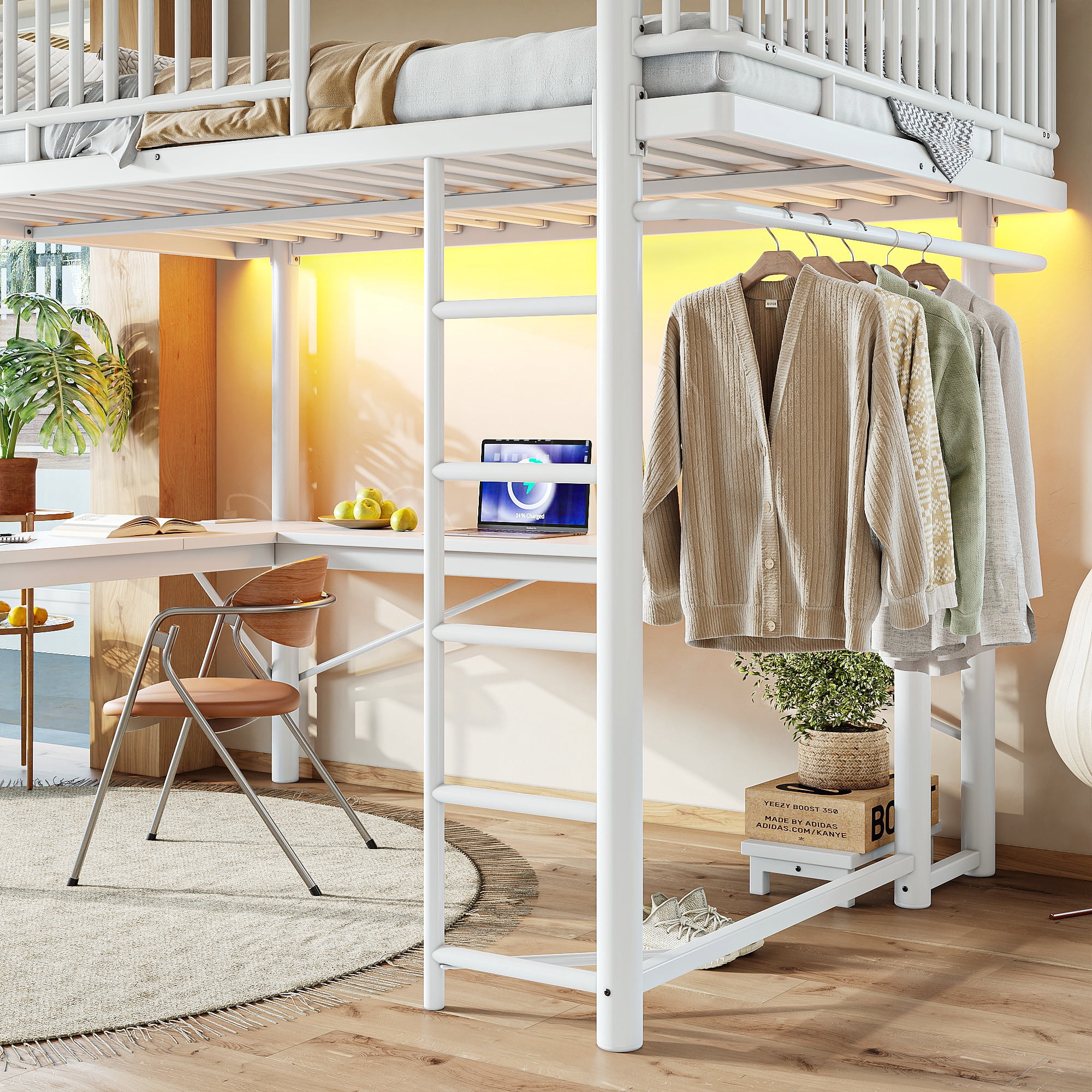 Mintazer Queen Metal Platform Loft Bed with L-Shaped Desk, LED Lights, Charging Station, Hanging Pipe, Safety Rail & PC Tray, White