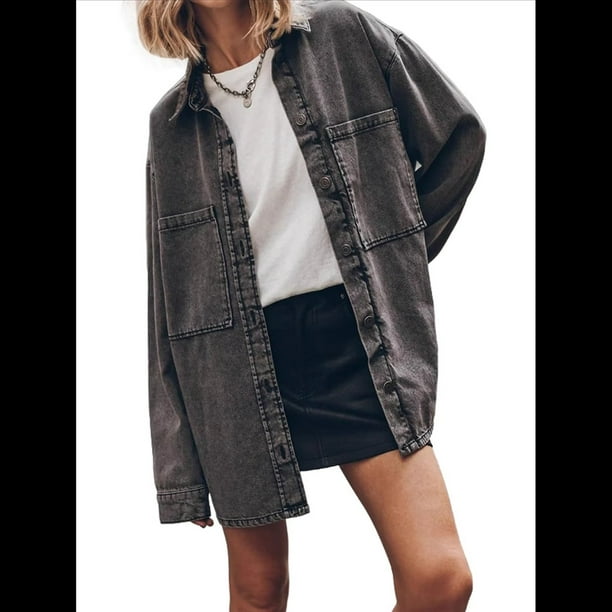 Chaqueta Vaquera de Gran Tamaño para Mujer, Informal, con Botones, de Larga, Gris Oscuro XL