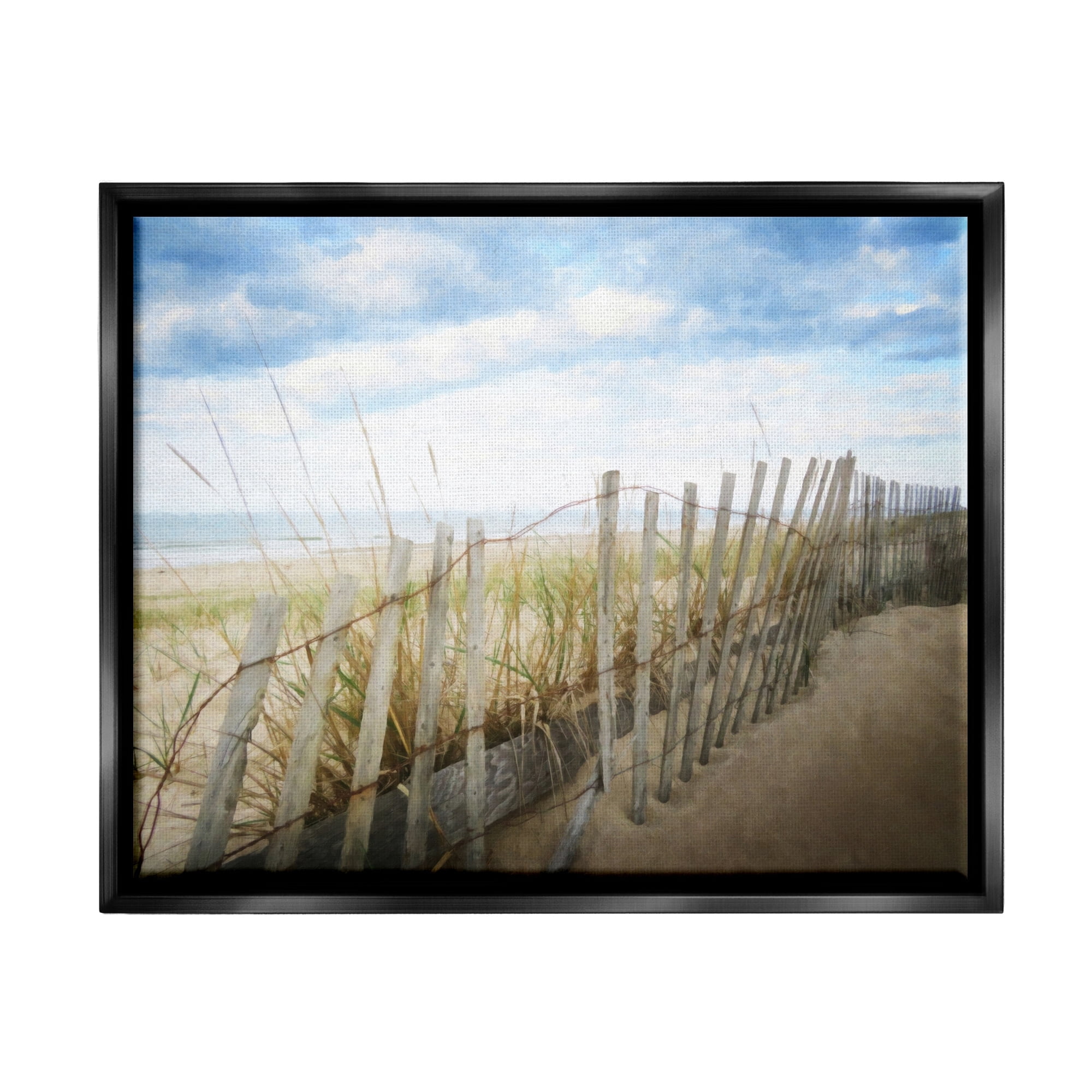 Stupell Industries Seaside Boardwalk Ocean Sand Fence Beach Grass Graphic Art Jet Black Floating Framed Canvas Print Wall Art, Design by Graffitee Studios