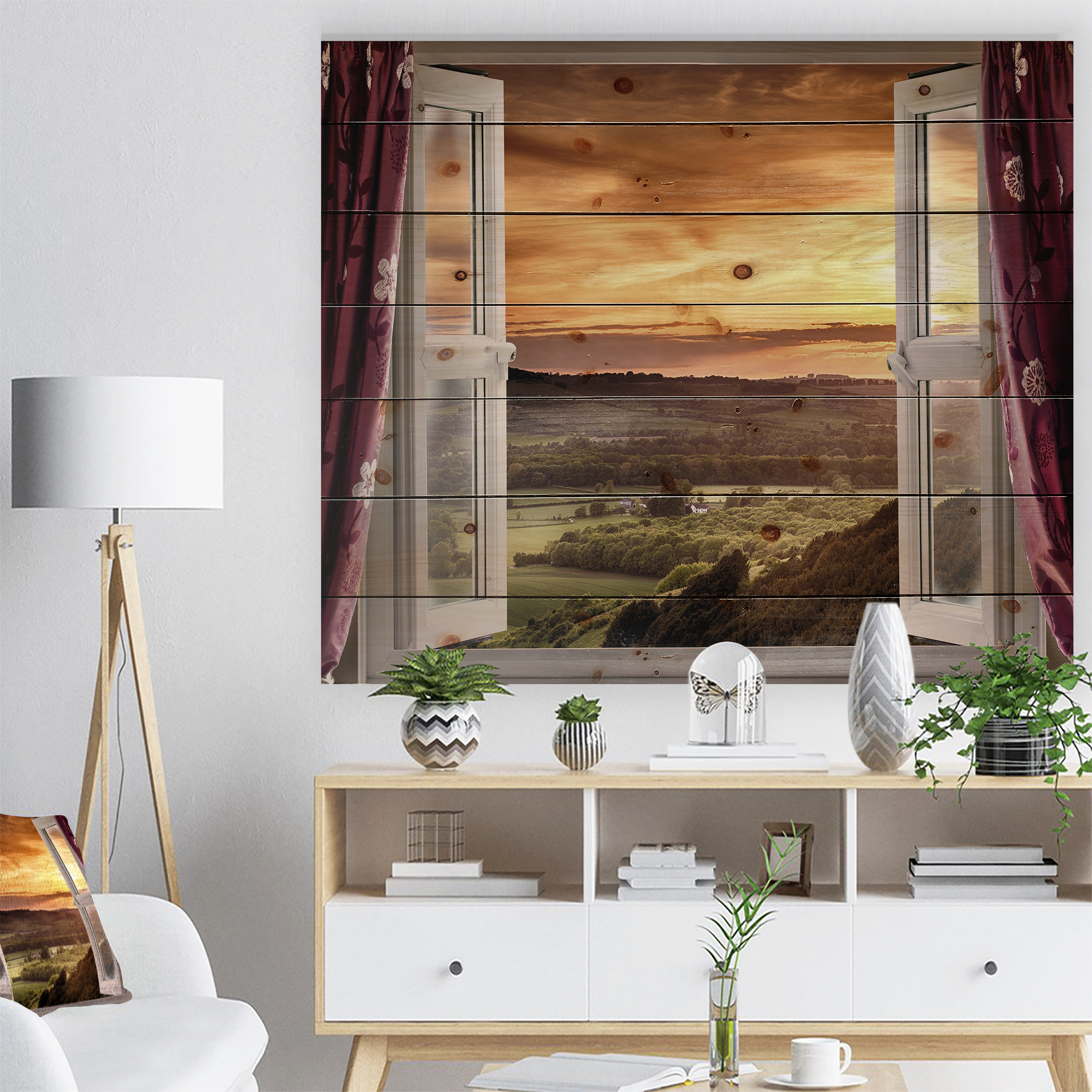Designart 'Open Window to Rural Sunset Landscape' Contemporary Print on Natural Pine Wood