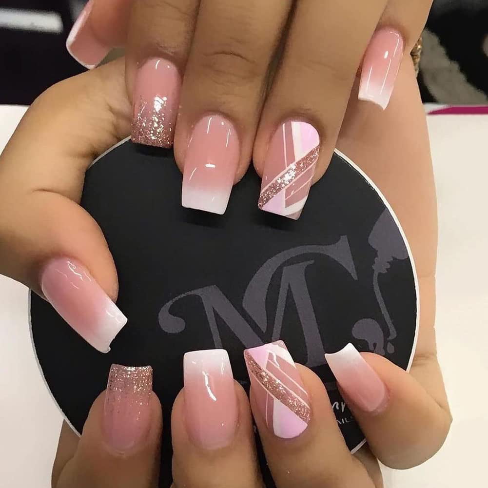 Press on Nails Short Square Fake Nails 24Pcs Pink White Gradient with  Glitter Line False Nails Full Cover Acrylic Stick on Nails for Women and  Girls 