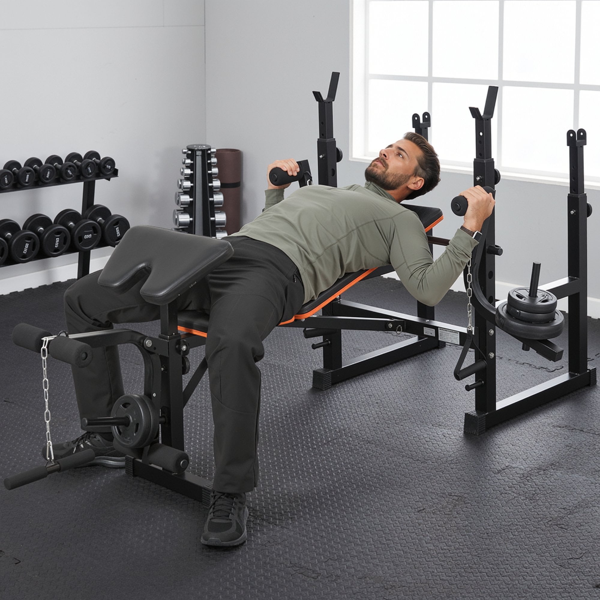 Naipo 7-in-1 Weight Bench with Dual Barbell Racks Adjustable Weight Bench 5-Level Height 4-Level Backrest Weight Bench Set for Home Gym 600lbs Full Body Workout（Not Include Dumbbells）