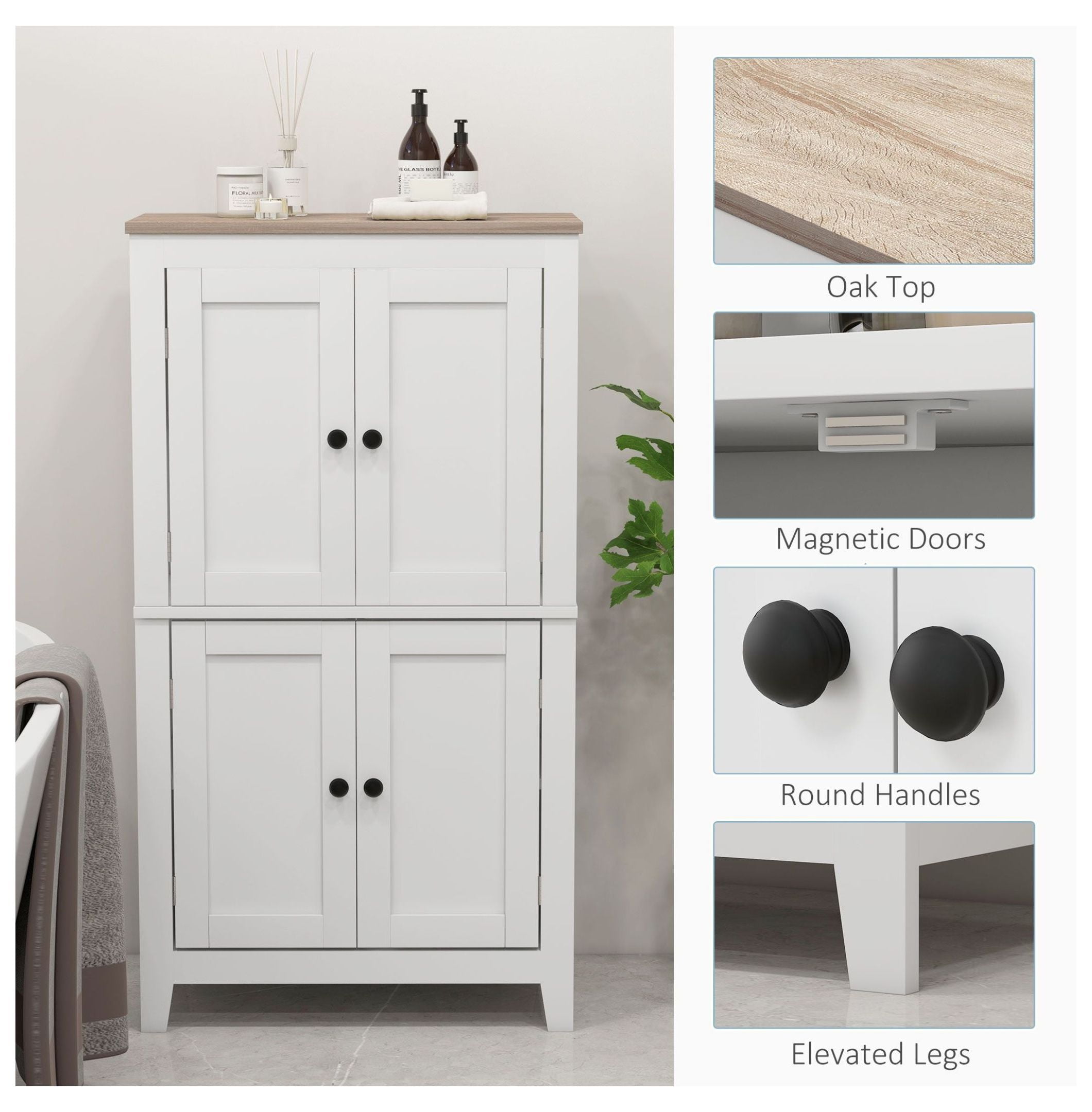 Bathroom Storage Cabinet, White Floor Cabinet with Doors & Adjustable Shelves