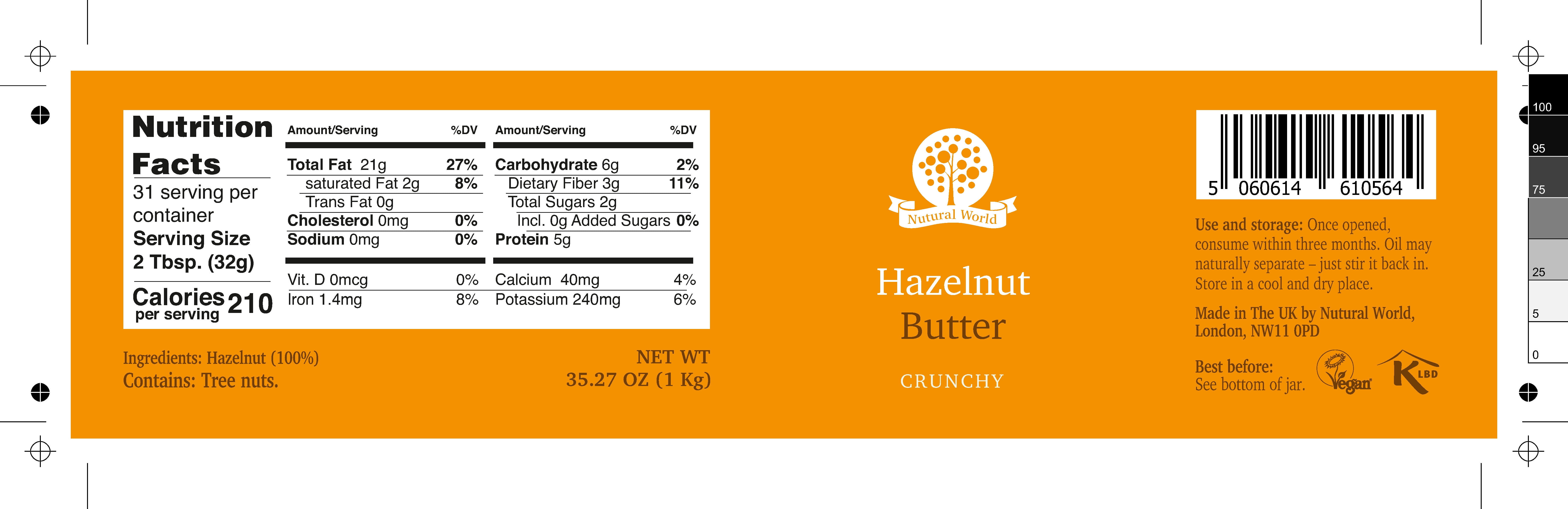 Nutural World - Crunchy Hazelnut Nut Butter 35 oz (1kg) - Pure 100% Single Ingredient - Vegan, Ketogenic, Kosher