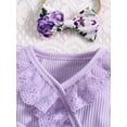 thumbnail image 6 of Infant Baby Girl Romper Dress Floral Print Ribbed Lace Trim Wrap V-Neck Jumpsuit with Bow Headband, 6 of 10