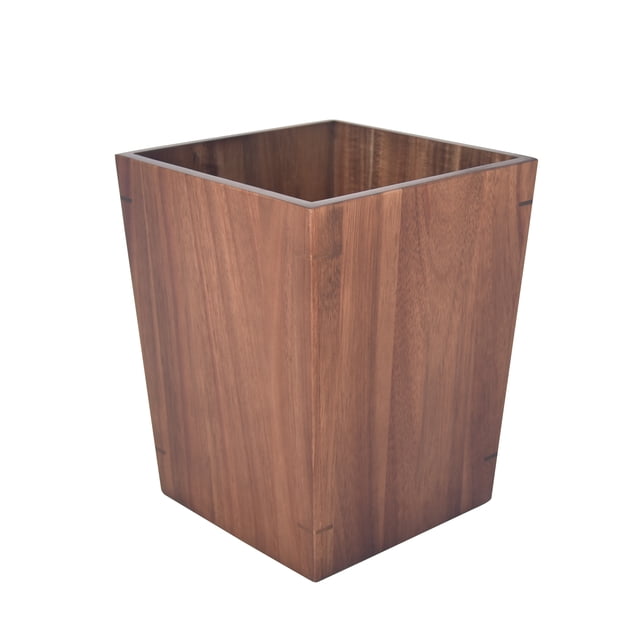 Square BHG wastebasket crafted from acacia wood featuring natural grain patterns and reinforced corner joints.