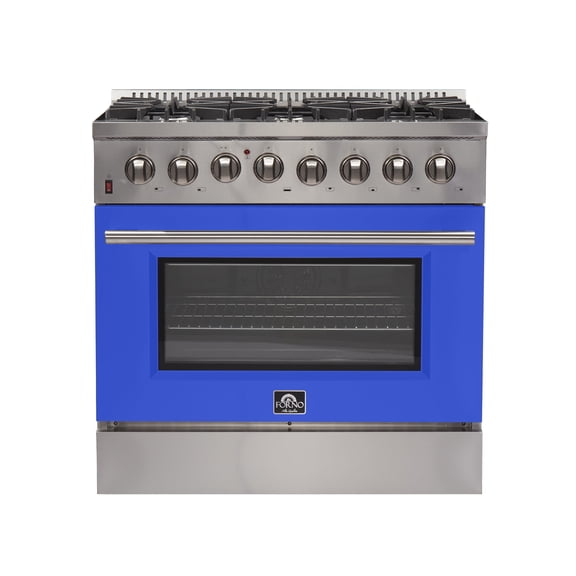 Forno Galiano 36-Inch Freestanding Dual Fuel Range, 6 Burners, Double Convection Ovens, Blue Door