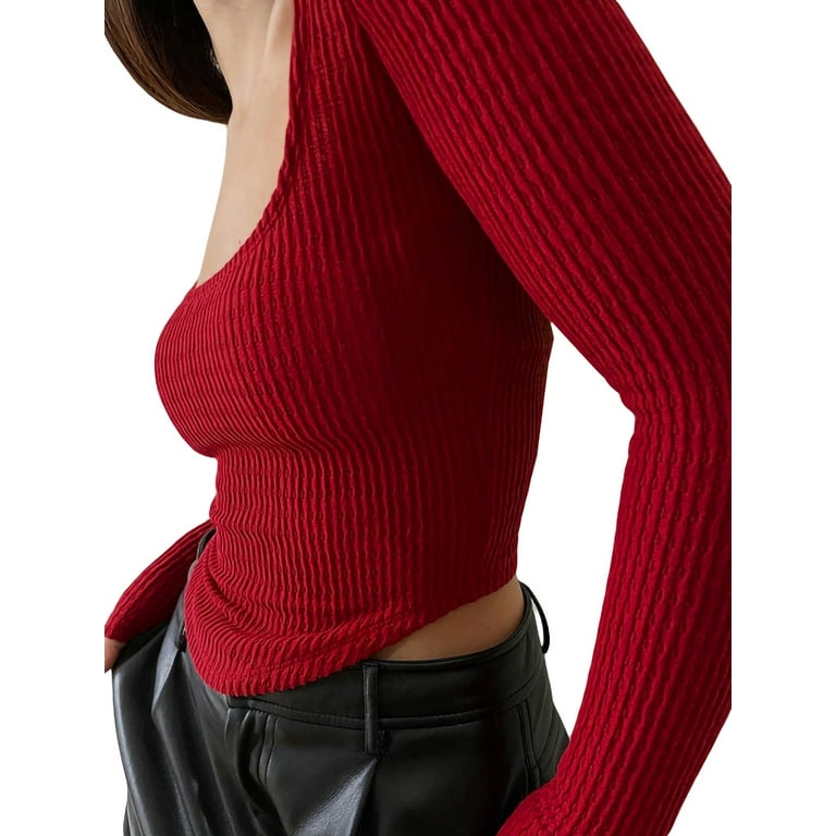 Women Long Sleeve Square Neck Crop Tops Red Casual U Neck Pullover T-shirt  Sexy Clubwear Fall Spring Streetwear