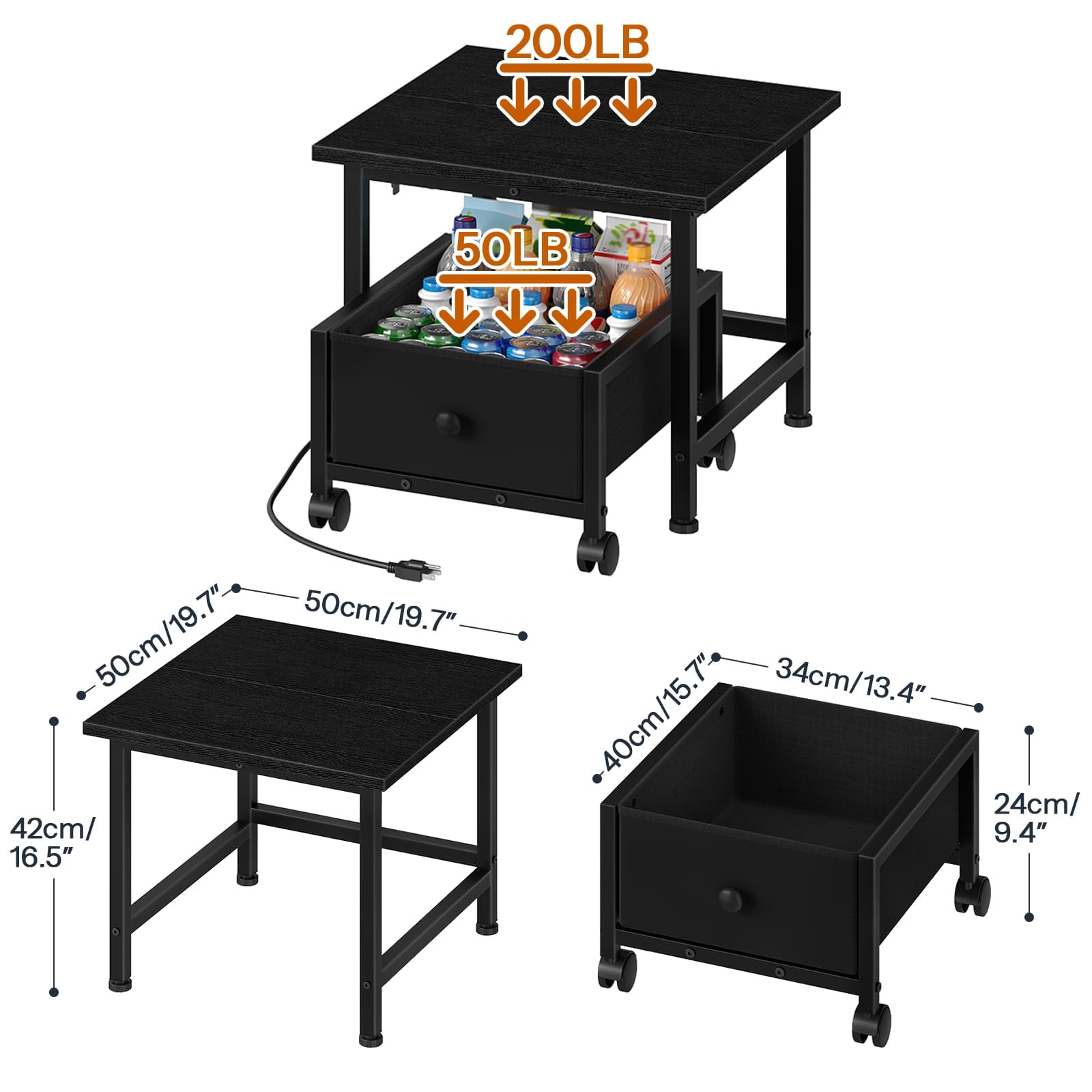 HOOBRO Mini Fridge Stand with Non-Woven Storage Basket and Power Outlet, Mini Fridge Cabinet with Wheels and Adjustable Feet, Mobile Fridge Shelf, for Home, Apartment, Dorm, Black BB355UBX01