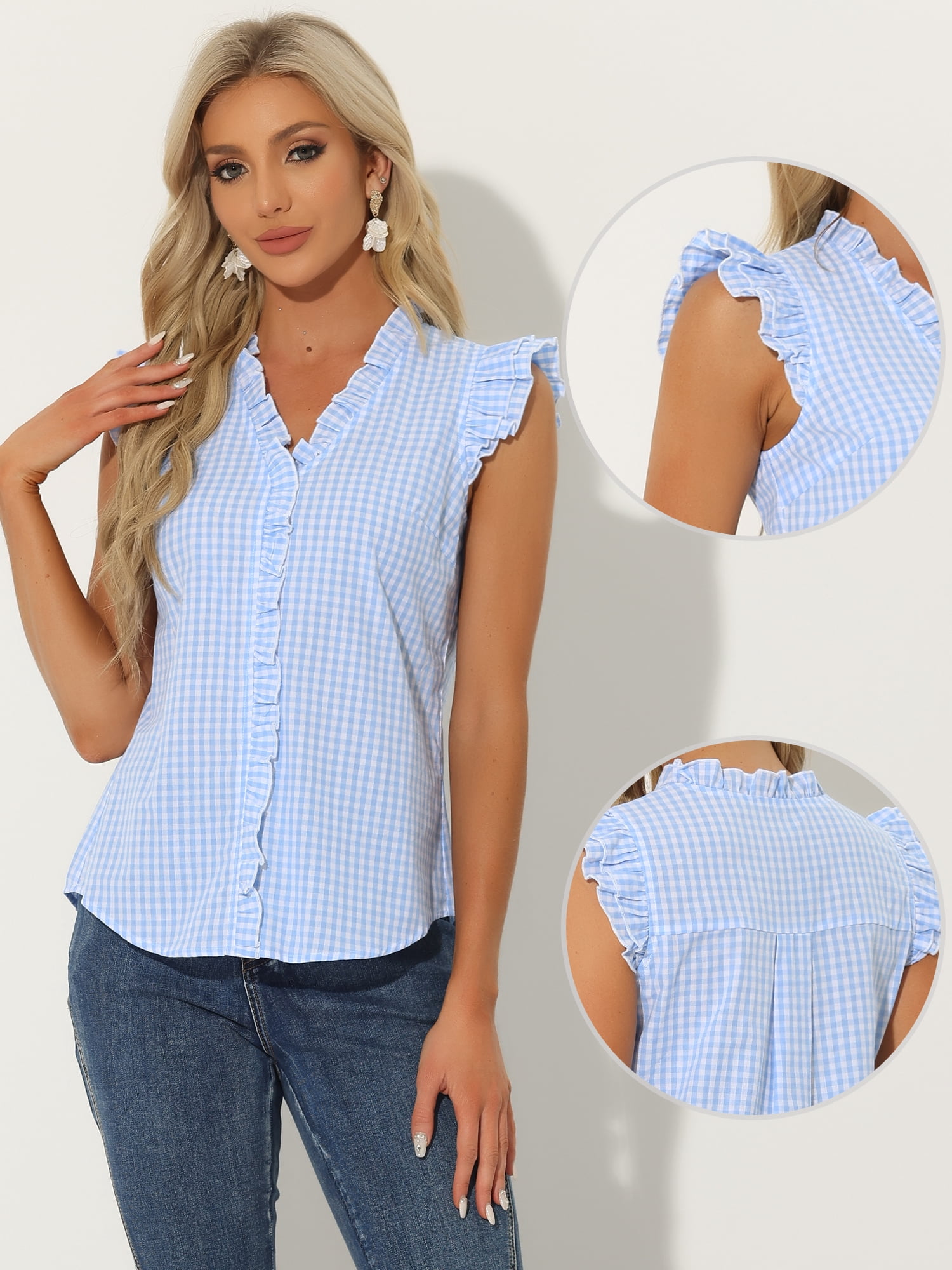 DARING DIVA Women's Cap Sleeve Plaid Gingham Ruffle Blouse L Blue