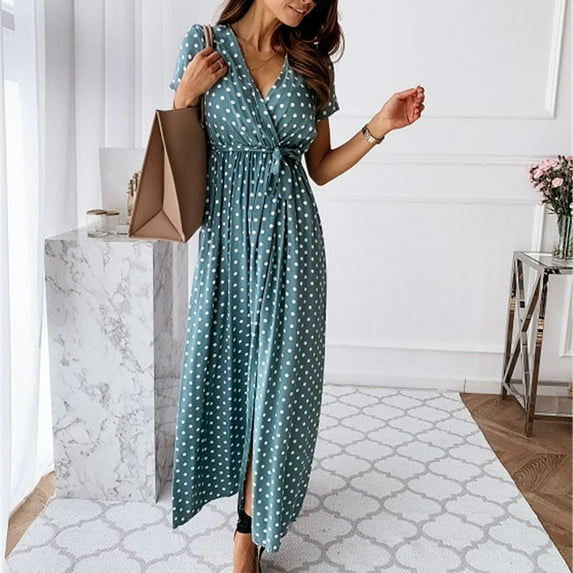 Honeeladyy Women's V-neck Bohemian Polka Dot Print Short Sleeve Dress Long Skirt dresses for women