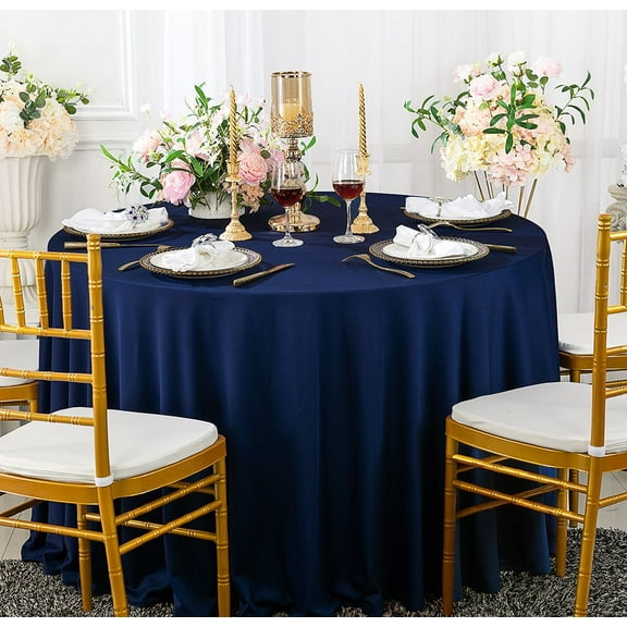 Wedding Linens Inc. Wholesale Scuba Wrinkle Free 132" Round Table Cover Tablecloth - Navy Blue