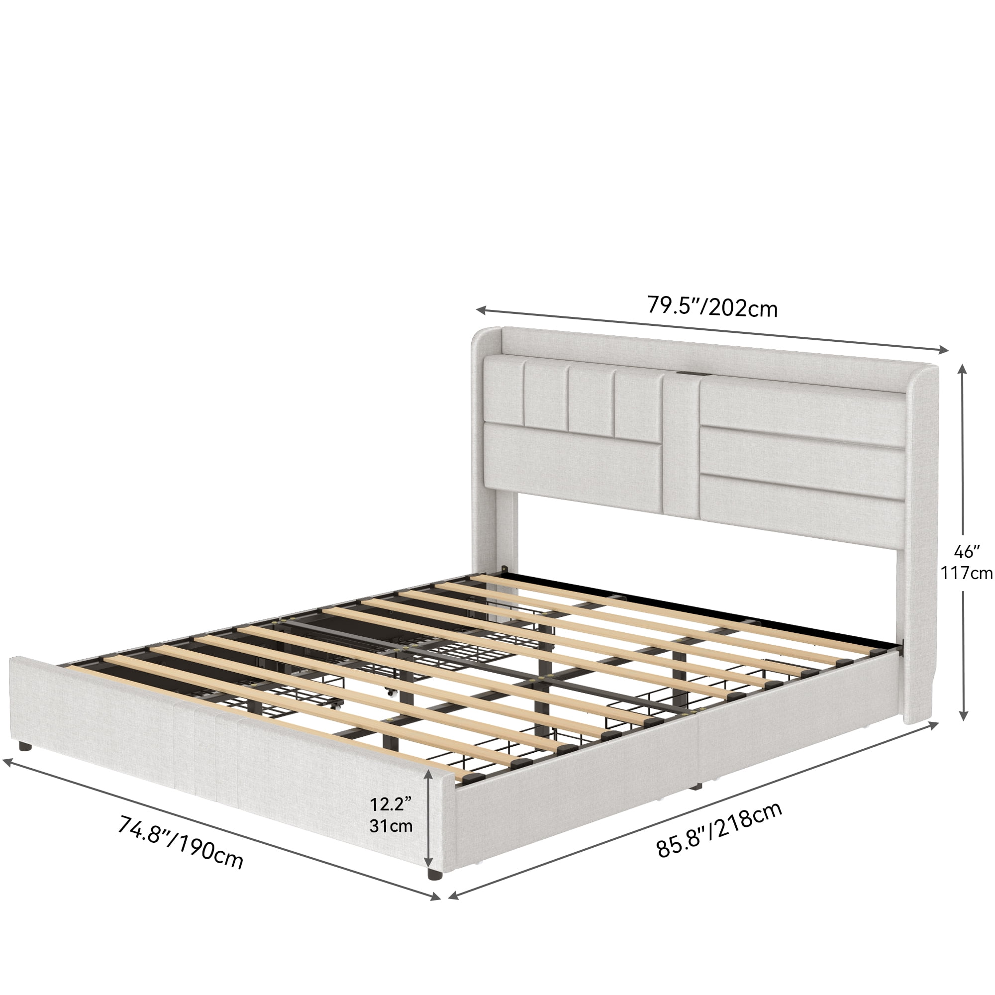 Dextrus King Size Bed Frame with Spacious Storage Drawers, Integrated Charging Ports