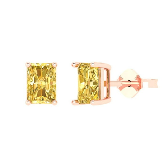 1 ct Push-Back Stud Earrings for Women | 6x4mm Emerald Cut Simulated Yellow Diamond | 18K Rose Gold