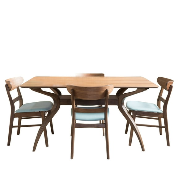 GDF Studio Isador Mid Century Modern Fabric Upholstered Wood 5 Piece Dining, Mint and Walnut