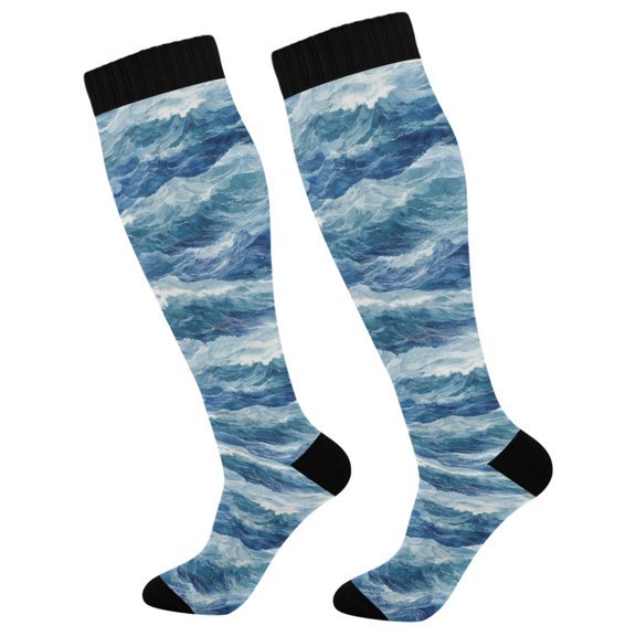 FORMRS Womens Knee High Socks Casual Long Thick Travel Daily Wear, 1 Pair, Blue Watercolor Ocean Waves