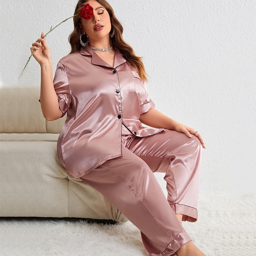 Women's Plus Size Pajamas Summer Imitation Silk Thin Short-sleeved Trousers Two-piece Set