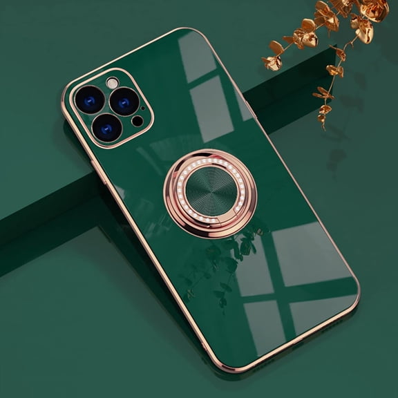Case for iPhone 13 Pro Max Ring Holder Case with Diamond Shiny Plating Rose Gold Edge Built-in 360 Rotation Magnetic Kickstand for Women Girls Slim Soft TPU Protective Cover 6.7 Inch, Green