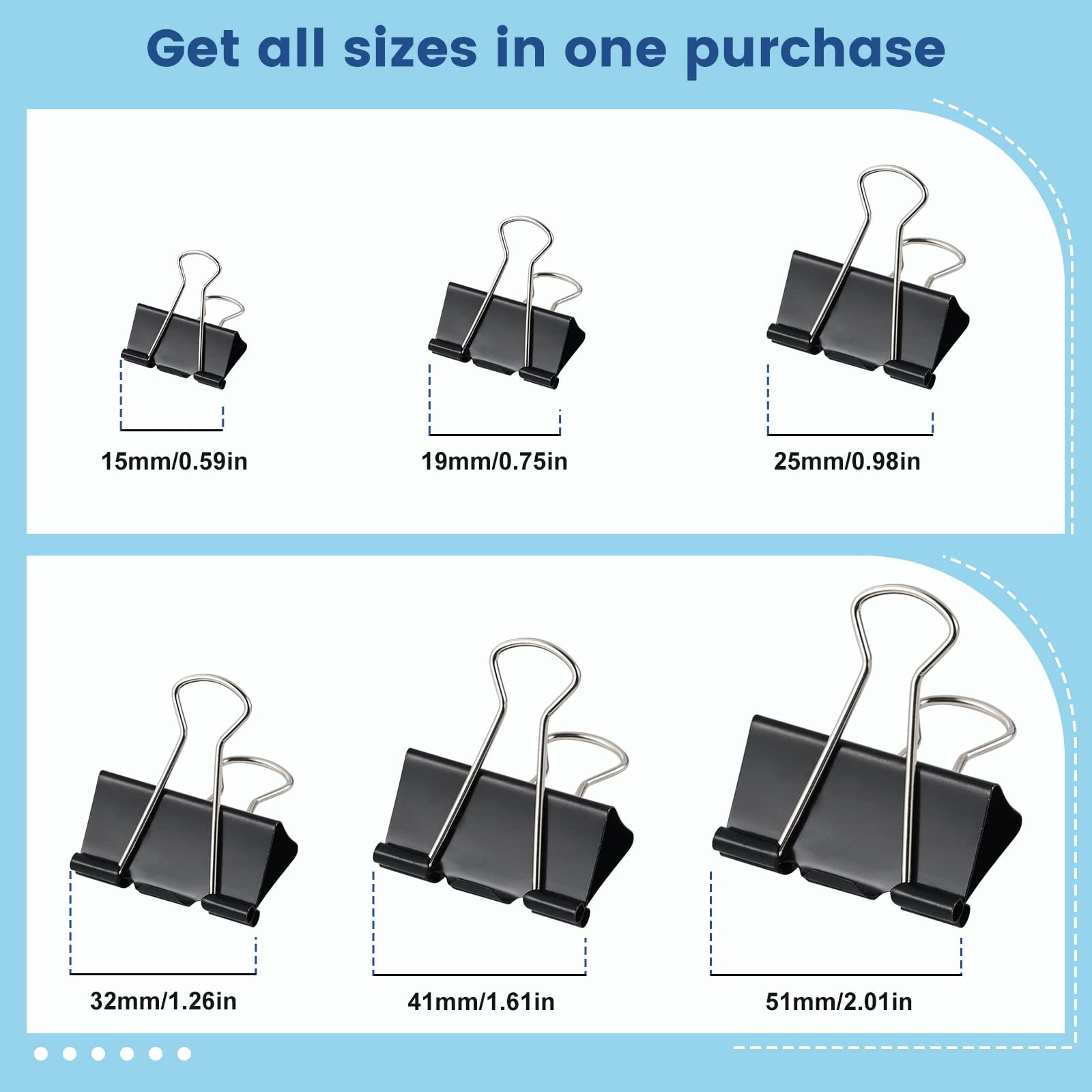 Binder Clips Paper Clamps Assorted Sizes, Metal Paper Binder Clip, Black Binding Paperwork Clamp Bulk, School Teachers Office Supplies
