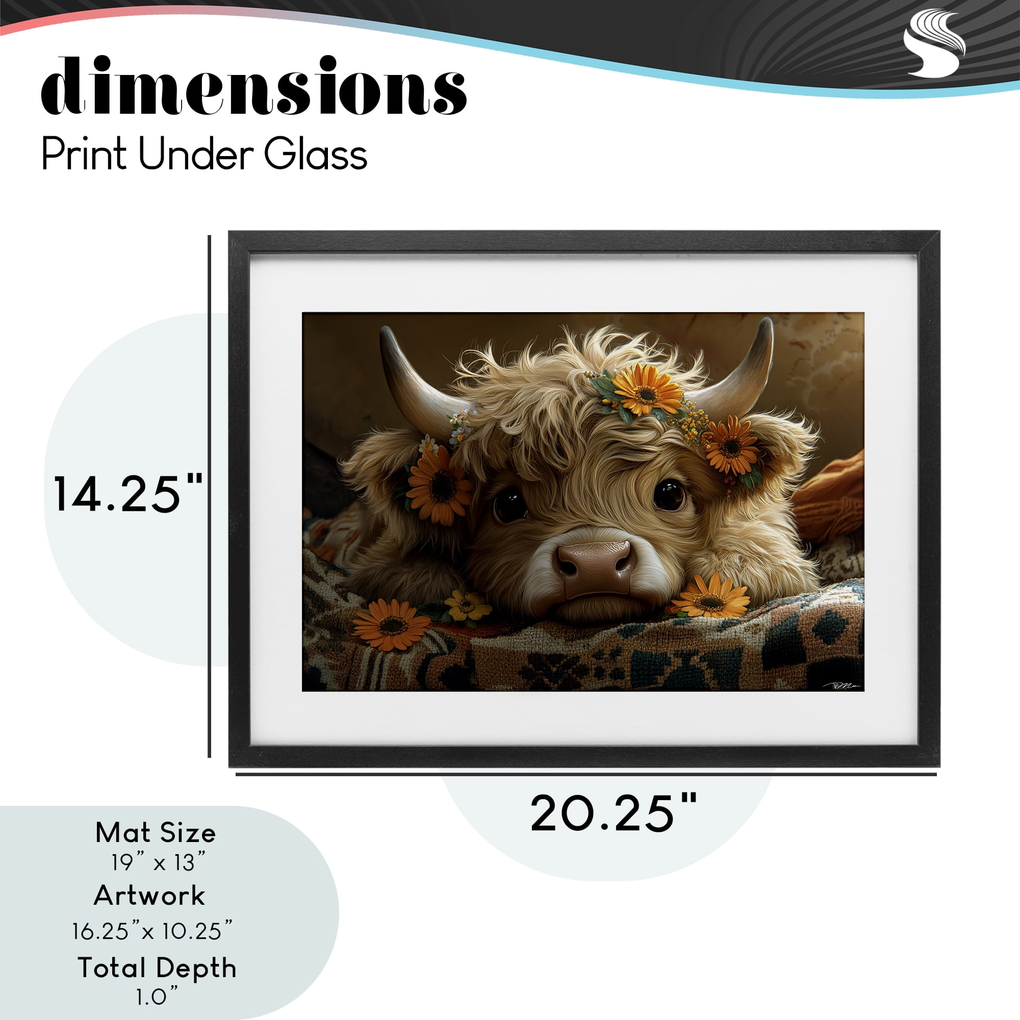 Adorable Flower Bedecked Cattle Black Framed Print Under Glass, design by Momart