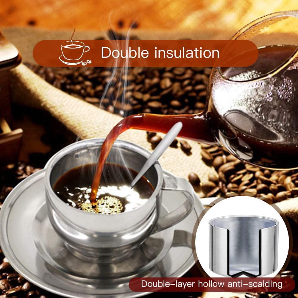Jorunhe 125 mL/4.2 oz Silver Stainless Steel Double Walled Espresso Cup & Saucer Sets Set of 4