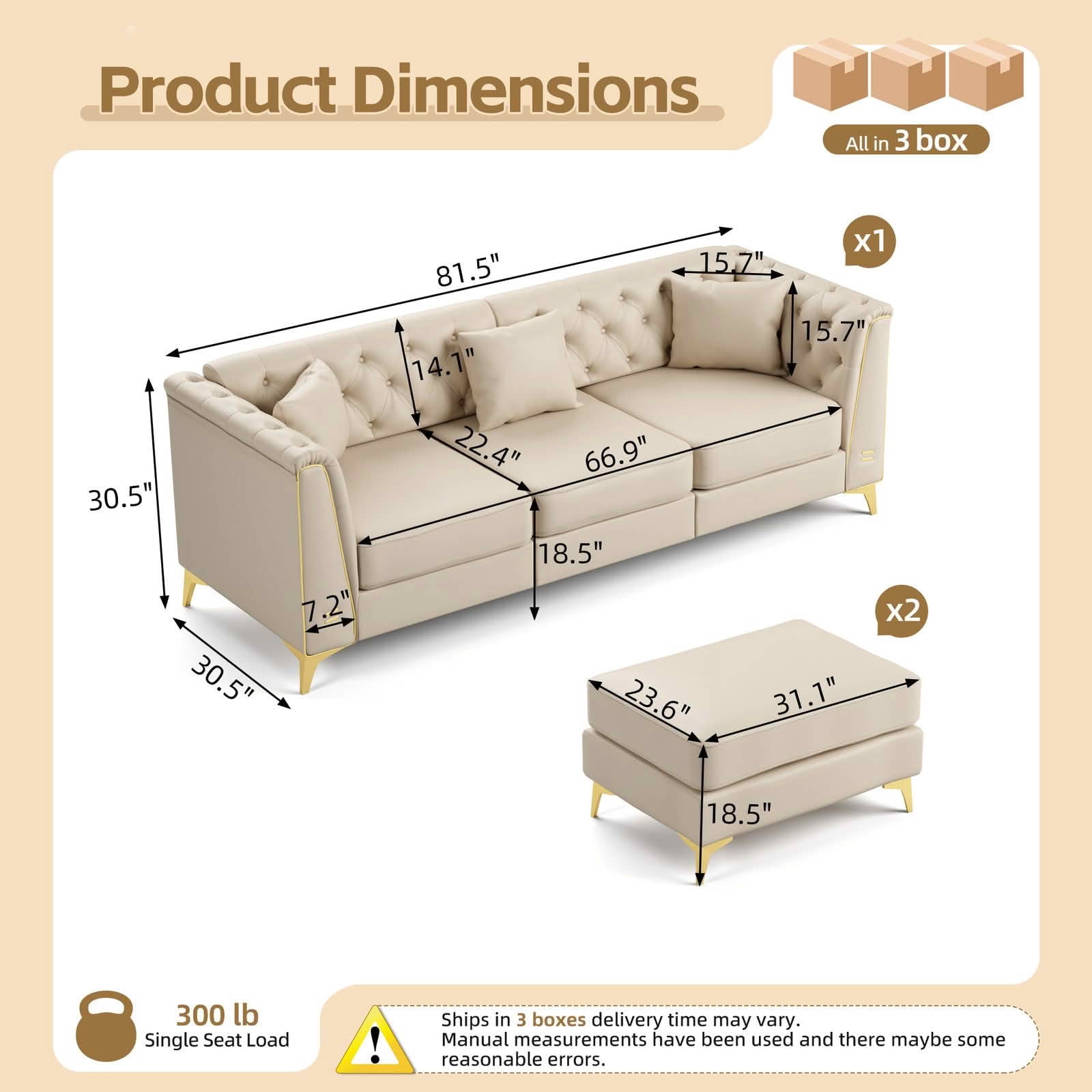 MAYEERTY 81.5" Light Luxury Modular Chesterfield 3‑Seater Sofa with 2 Ottomans, Faux‑Leather Couch, Button Tufting, Metal‑Trim Armrest & Slim Metal Legs, 3 Pillows Included