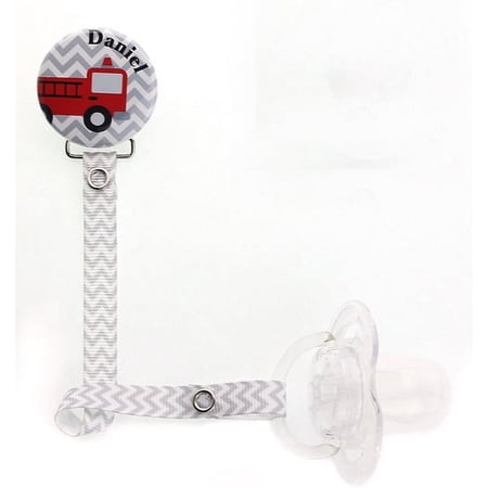 Personalized Name Grey Chevron Fire Truck Pacifier Clip