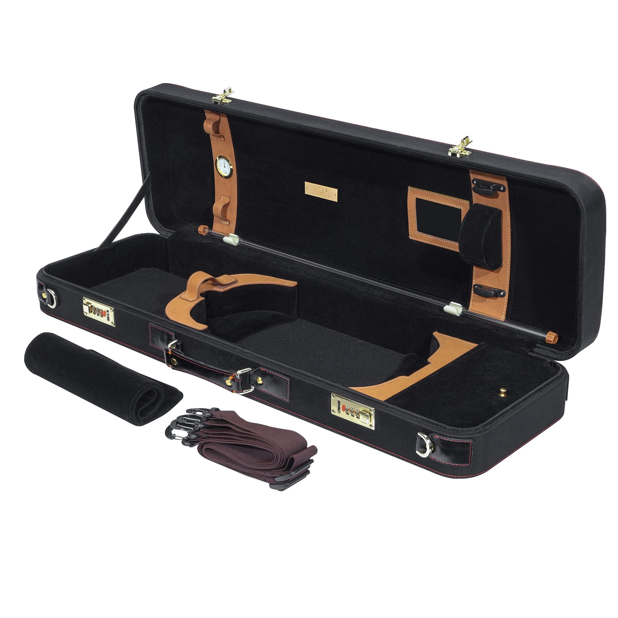 MI&VI Deluxe Hardwood Violin Travel Case 4/4 (Full Size) With Leather Handles | Adjustable Shoulder Straps | Thermal Insulation | Oblong Shape | Photo Pocket | Hygrometer- By MIVI Music (Black/Black)