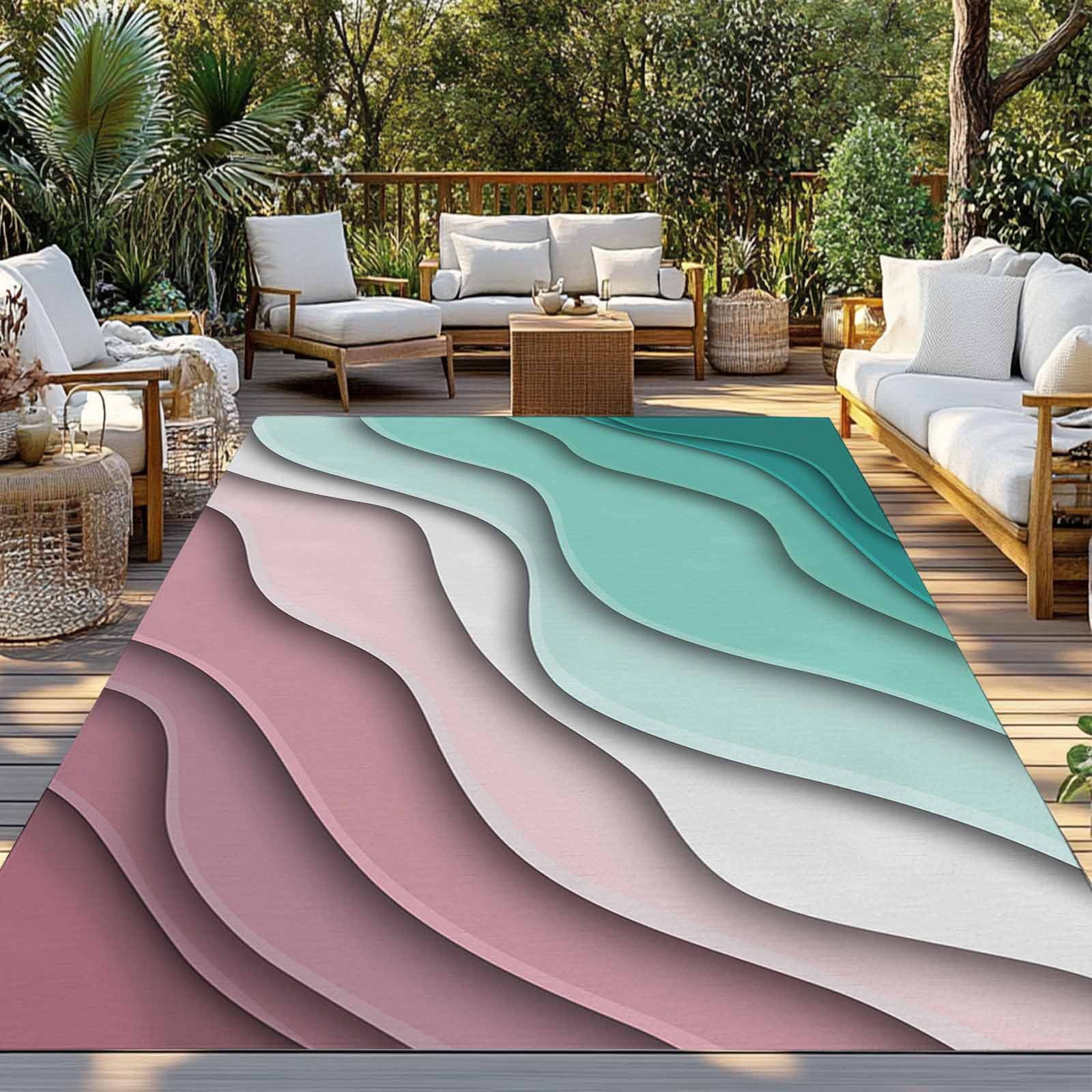 5' x 8' Outdoor Rug, Green Ombre Outdoor Washable Rug Large Floor Carpet, Modern Geometric Abstract Dark Red Cream Non Shedding Area Rug for Outside Patio RV Porch Deck Balcony Camping Living Room
