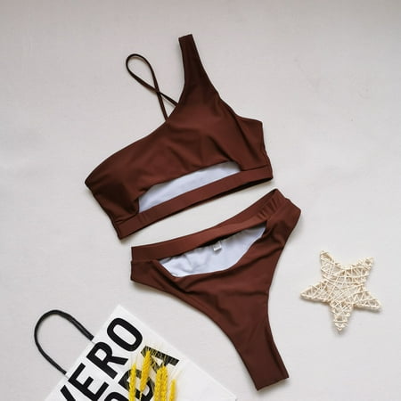 

Finelylove Swimsuit Women Two Piece Lightly Lined Sport Bra Style Bikini Brown M