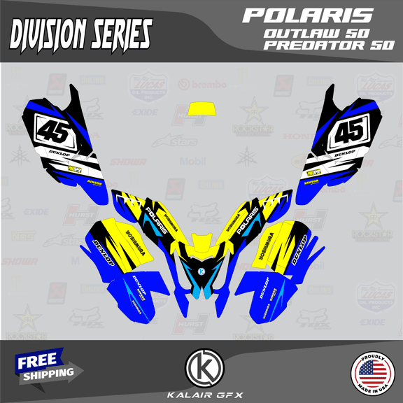 Kalair GFX Graphics Kit for Polaris ATV PREDATOR50 (2004-2007), and OUTLAW50 (2008-2019) Division Series