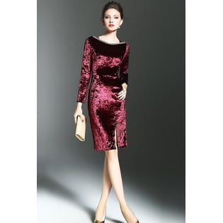 - Women Sheath Style Velvet Slit Dress Red