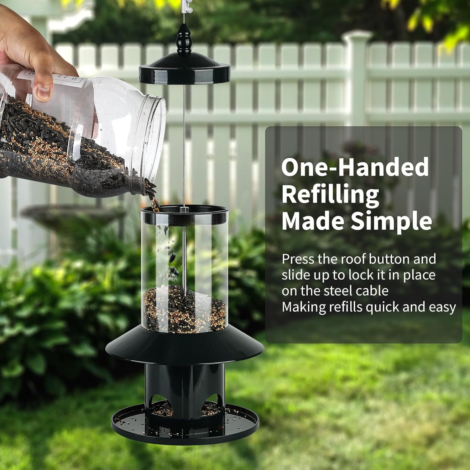 Squirrel Proof Bird Feeder for Outdoors, 360° Feeding Perch Tray with Rainproof Roof, Heavy Duty Wild Bird Seed Feeder for Hanging, Dark Green