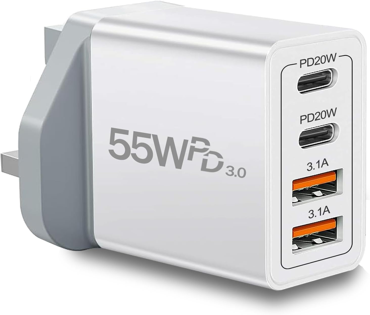 MHAWBL-UK Travel Plug Adapter, Type G Plug Adapter 55W 4 Port UK USB C Charger Fast Charging Block UK Ireland Plug Charger for iPhone 17 16 15 14 13 12 11 Pro Max X 8, Galaxy, LG, Pixel, Android