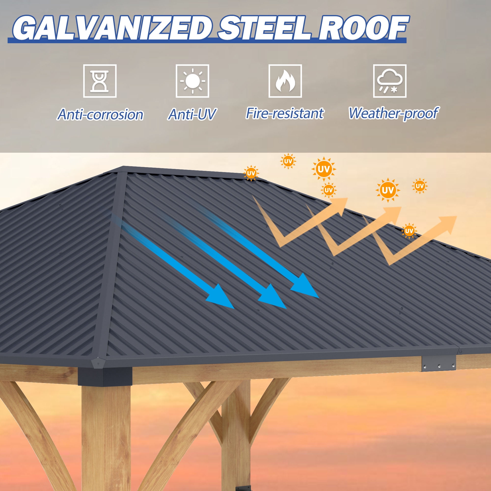Howsvn 13 ft. x 15 ft Outdoor Hip Roof Spruce Wooden Gazebo, Heavy-duty Hard Top Steel Metal Roof Gazebo Pavilion, Weather Protected Permanent Canopy for Patio, Garden, Backyard