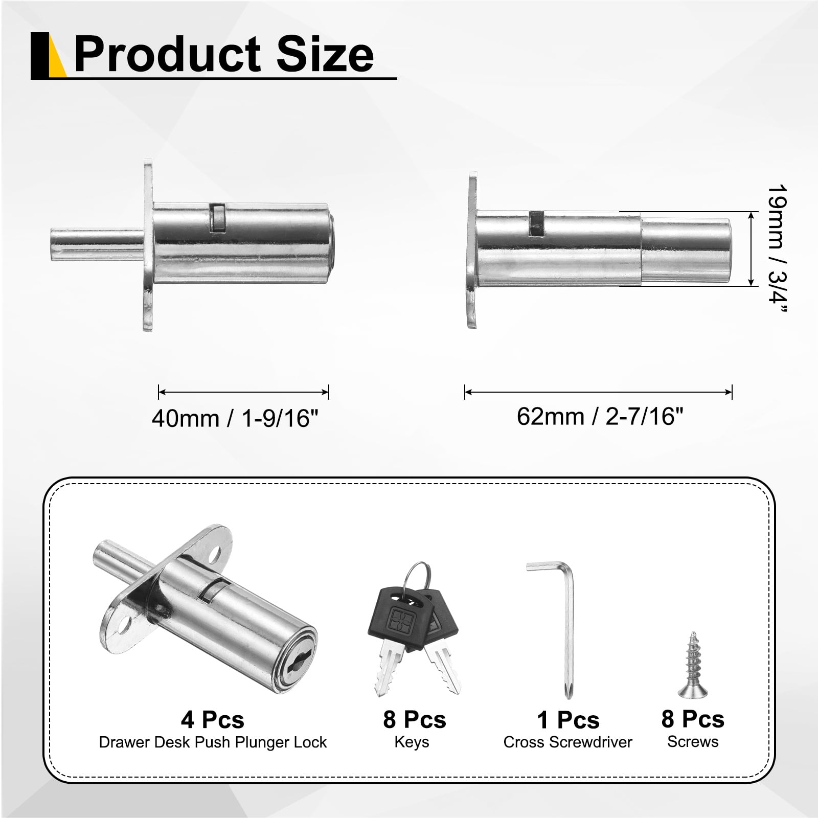 Uxcell Drawer Desk Push Plunger Lock, 4Pcs 1-9/16" Cylinder Diameter 2-7/16" Cylinder Length Zinc Alloy Sliding Cabinet Locks with Cross Screwdriver Keyed for Wardrobe Drawers, Silver