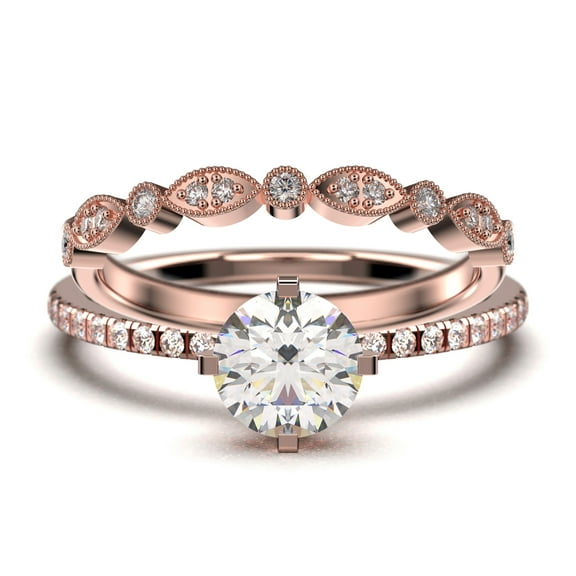 Dazzling Art deco 1.25 Carat Round Cut Diamond Moissanite Engagement Ring, Wedding Ring, One Matching Band in 10k Solid Rose Gold, Gift For Girlfriend, Small Promise Ring, Bridal Set