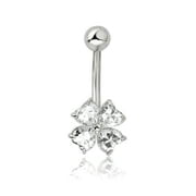 AVORA 10K White Gold Heart-shaped Simulated Diamond CZ Flower Belly Button Ring Body Jewelry (14 Gauge)