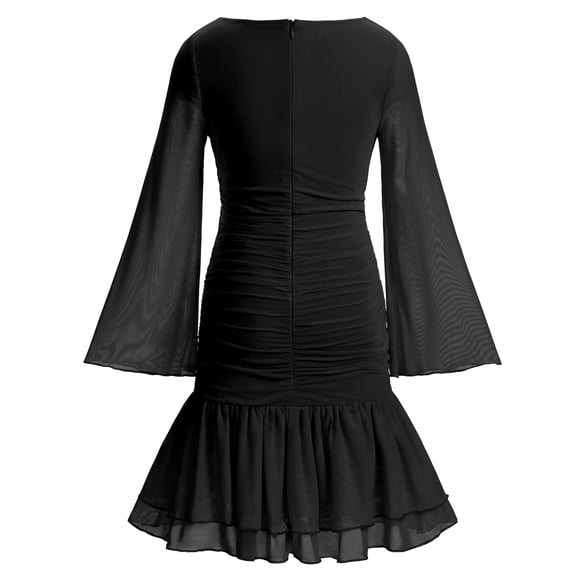 IBTOM CASTLE Teen Girls Dress Graduation Dress for Girls Long Bell Sleeve Mermaid Hem Prom Bodycon Dress With Shorts Bowknot Slim Fit Dresses Homecoming Birthday Outfit 9-10 Years Black