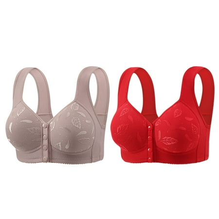 REORIAFEE Bras for Older Women 2PC Front Closure Gathered Together Wireless Bras Solid Brassiere Comfy Wide Strap Breathable Corset Underwear Comfortable Classic Support Lingerie Purple XXXL