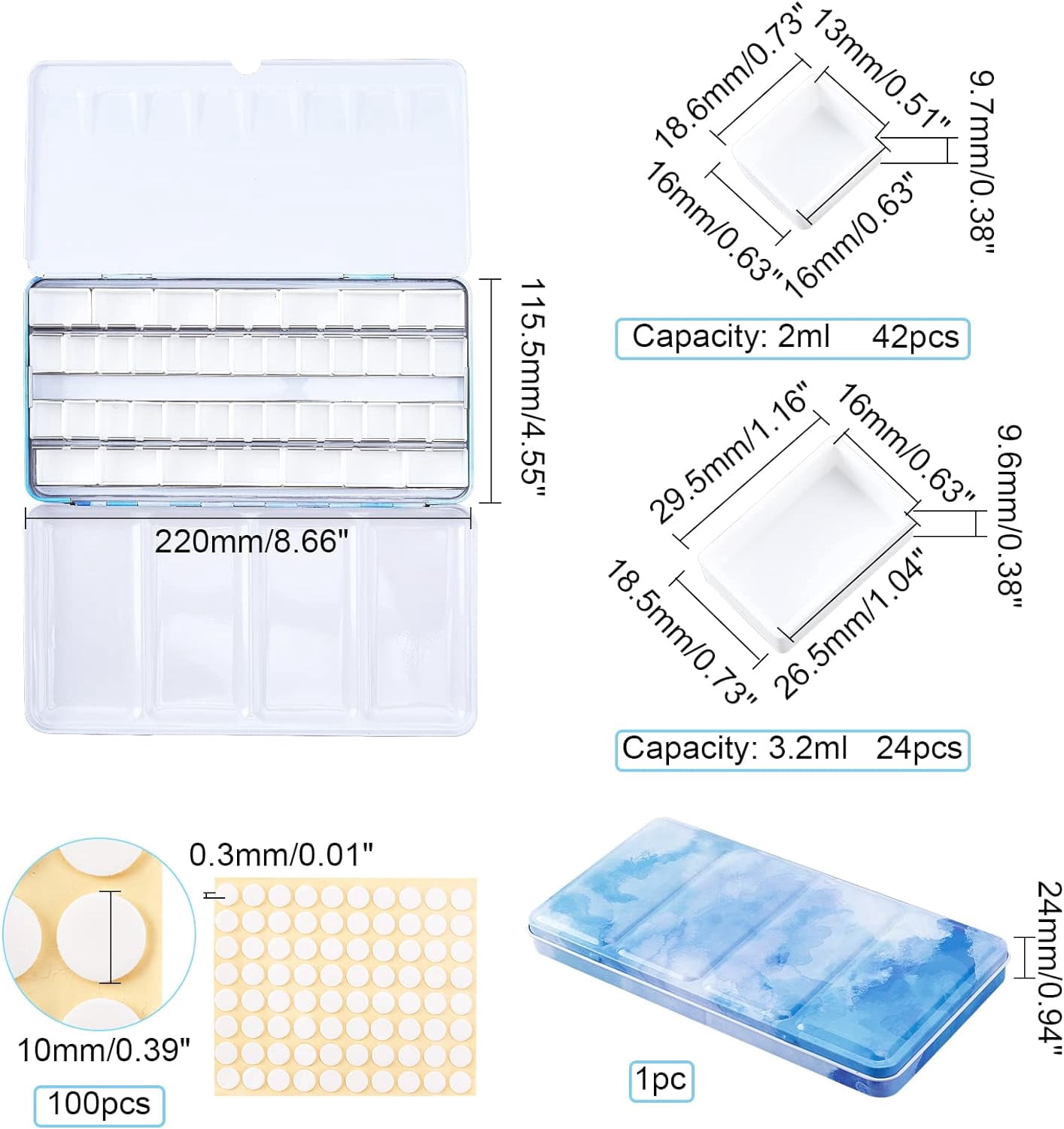 PH Empty Watercolor Palette 42 Half Pans 24 Full Pans Large Watercolor Tray Tin with Fold Out Palette for DIY Watercolor Oils Painting Sketching Travel Case Art Drawing Supplies White
