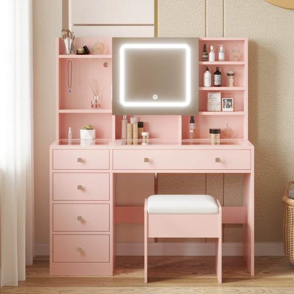 BAYUELSWU Vanity Desk with Mirror and LED Lights, Makeup Vanity Table Set with 5-Drawers and Chair, Dressing Table with Power Outlet for Women, Girls, Bedroom (Light pink)
