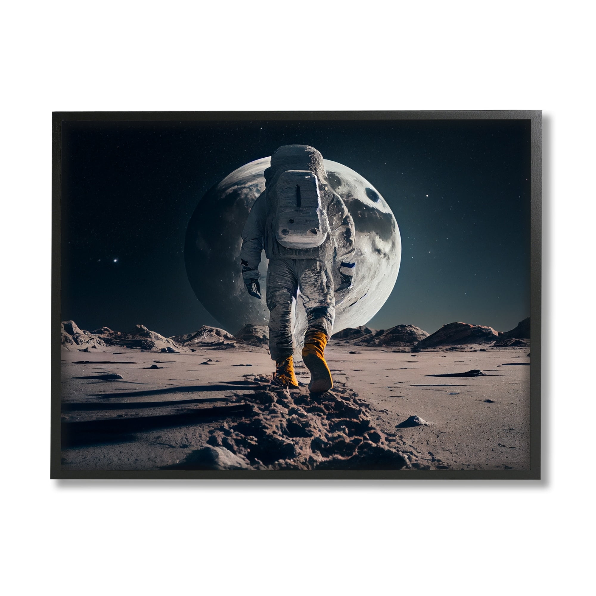 Stupell Industries Man On Moon Outer Space Astronaut Fairy Tales & Fantasy Painting Gray Framed Art Print Wall Art