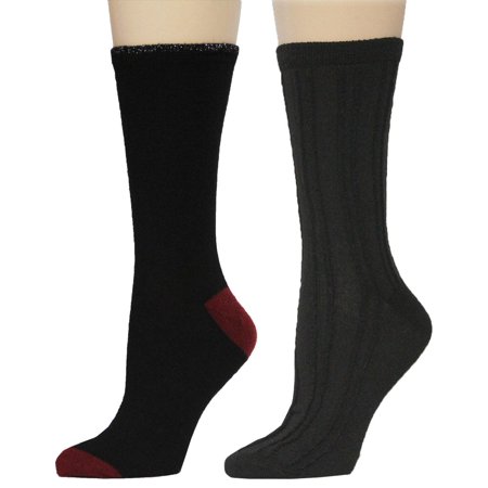 Badgley Mischka 2 Pack Ladies Wool Cashmere Blend Crew Socks With Lurex Tipping, Black