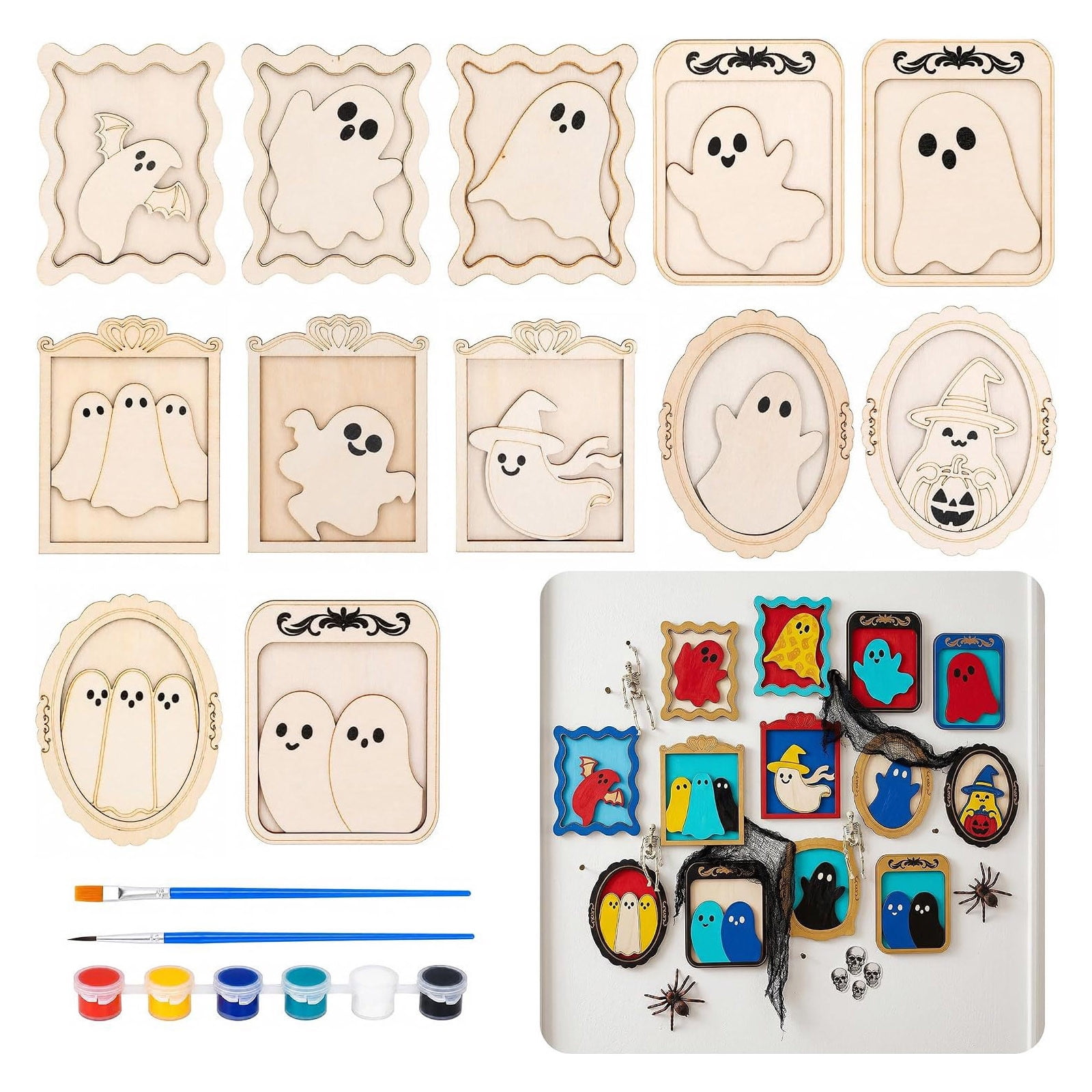 Halloween DIY Wooden Photo Frame Craft Kit 12 Pack Paint Your Own Ghost Frames with Paints Brushes for Kids Party Decor Gift
