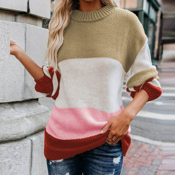 Puntoco-suéter informal a rayas para mujer, Jersey de punto grueso de manga larga con retazos, suéter de cuello redondo, abrigo, liquidación de Navidad Puntoco Puntoco-5773