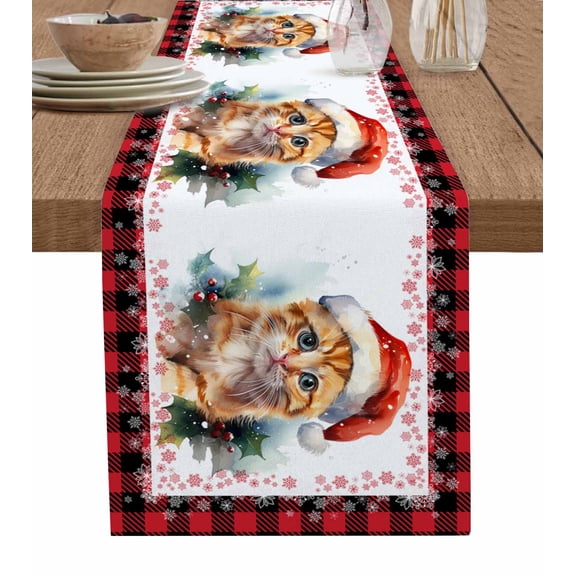 Ldtrchee Christmas Cat Table Runner 48 Inches, Buffalo Plaid Red Black Snowflake Bed Runner Dresser Scarves Tabletop for Indoor Outdoor Parties/Ceremony/Banquet, 13" x 48"