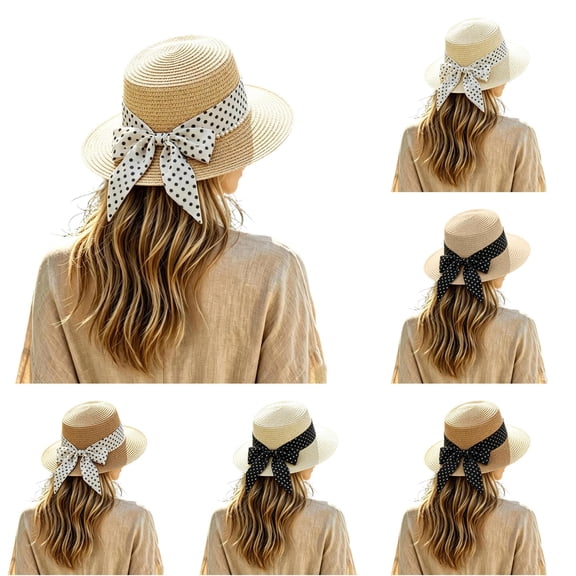 SGMVNU Sun Hats for Women, Fashion Back Bowknot Wide Brim Retro Flat Top Panama Boater Straw Hats Vacation Beach Hat Packable, One Size, Beige