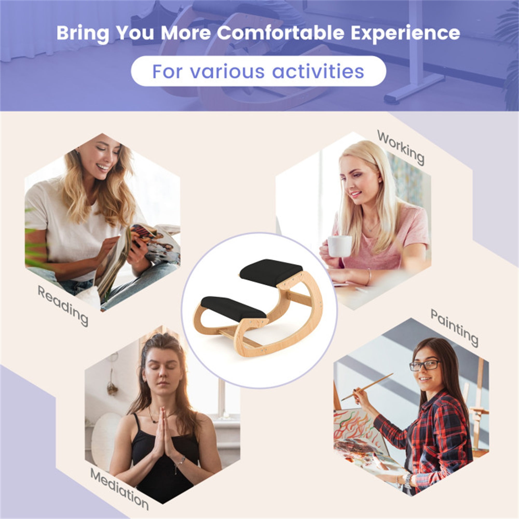 Demi Bonn Wooden Rocking Chair with Comfortable Padded Seat Cushion and Knee Support, for Home, Bedroom, Study, Black