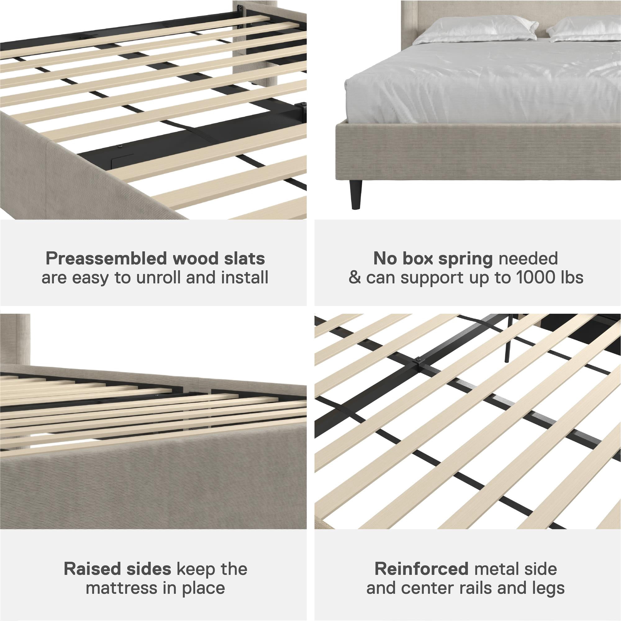 DHP Eveline Upholstered Platform Bed Frame with High Wingback Headboard, Queen, Soft Woven Light Gray